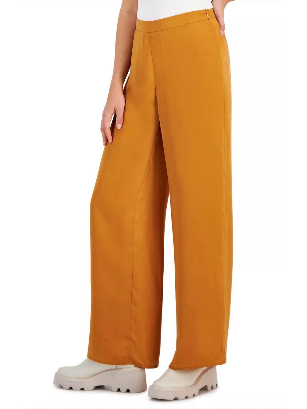 Lucy Paris Womens XS tan gold Flat Front Celine Wide-Leg Silky Pull-On Pant NEW